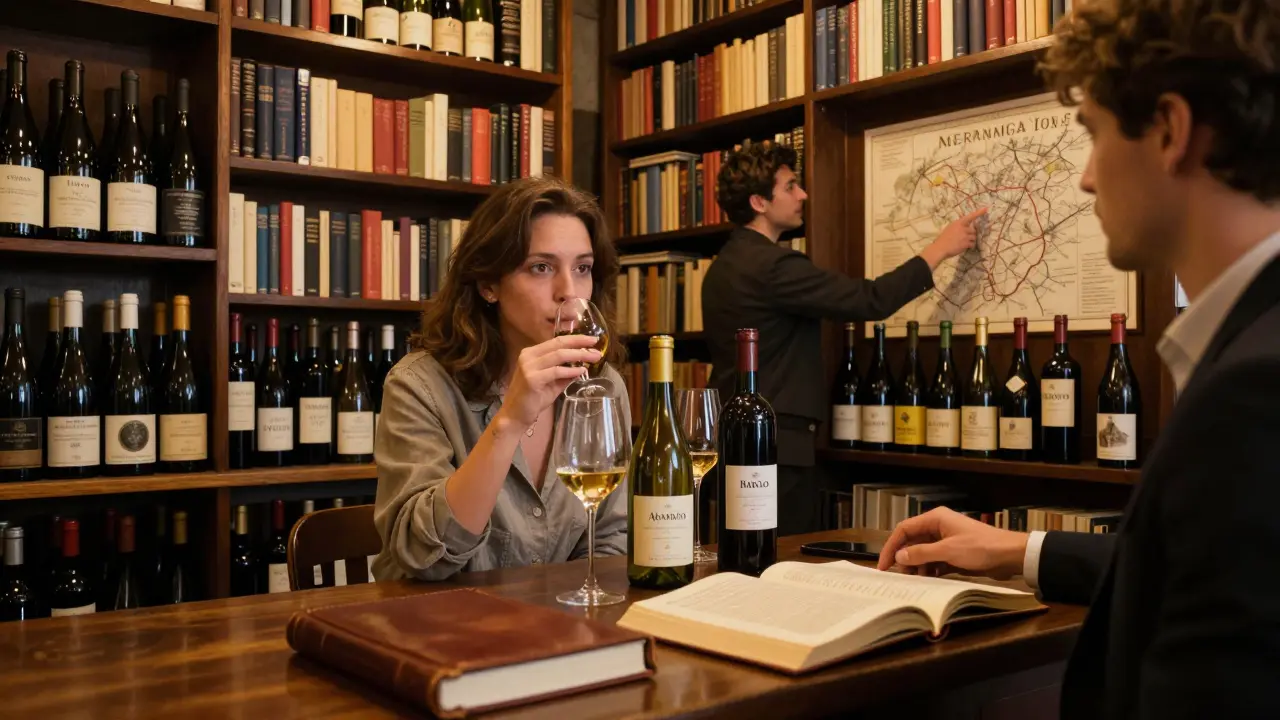 A guest sips from a curated wine flight in a hidden Soho wine library lined with vintage wine books.