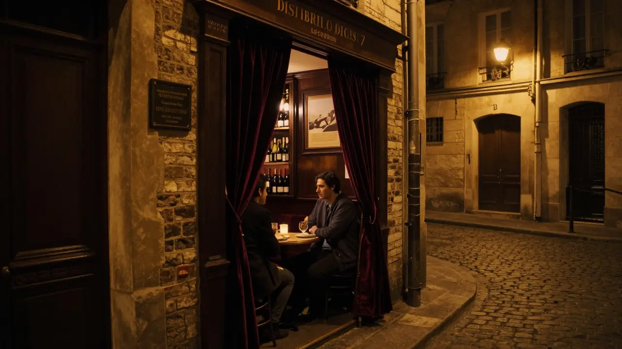 A hidden wine bar in Montmartre at night, two people sharing quiet conversation in warm candlelight.