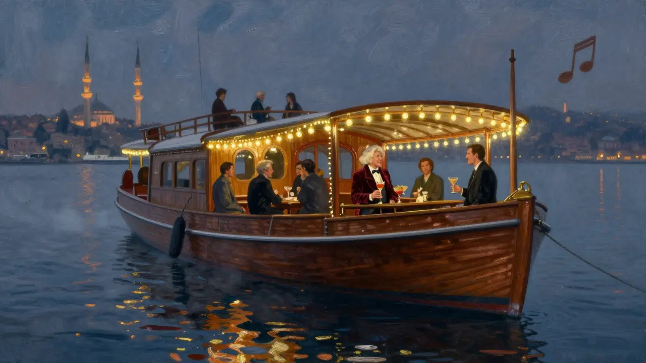 A historic wooden yacht turned floating bar on the Bosphorus at midnight, lit by string lights with patrons enjoying cocktails under starry skies.
