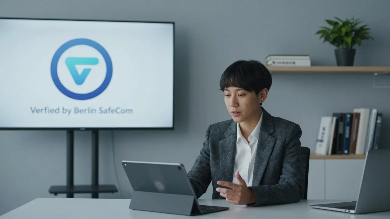 A non-binary escort in a professional setting conducting a verified video call with a client, minimalist office background.