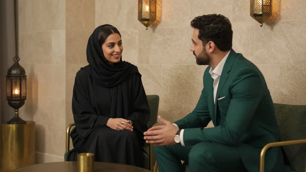 A poised woman in a modern abaya listening attentively to a man in a suit in a softly lit members-only lounge.