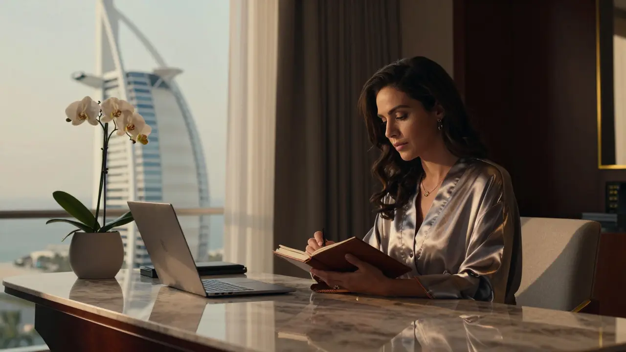 A professional woman reviewing notes in a high-end hotel suite, with no digital devices visible.