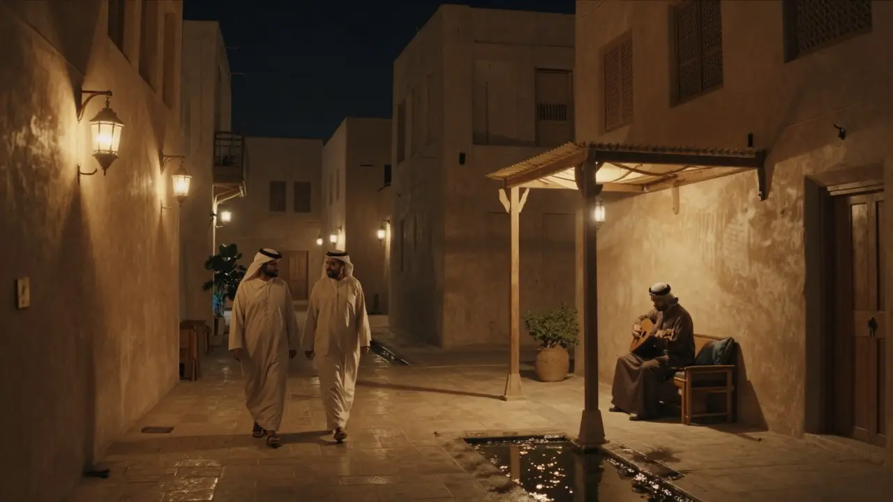 A quiet night scene in Al Seef with lantern-lit alleys and a traditional oud player performing under soft light.