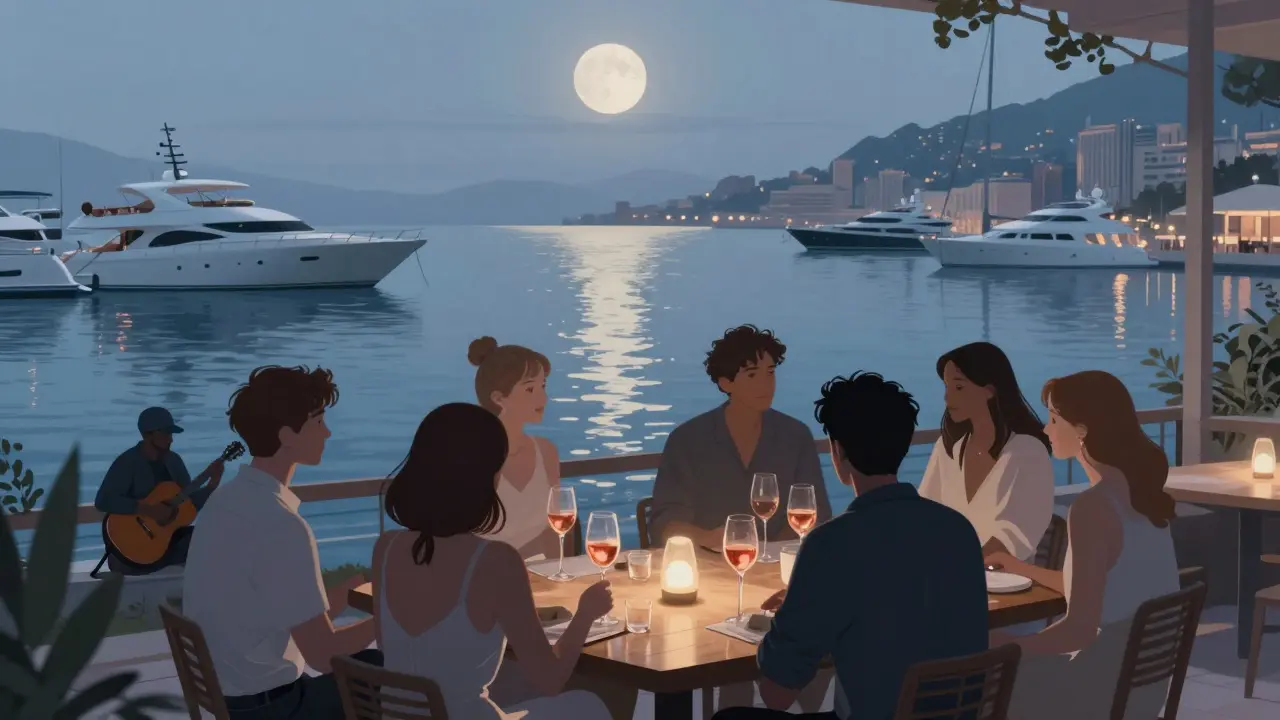 A quiet private after-party on a yacht terrace at night, with rosé glasses, acoustic guitar, and luxury yachts reflecting moonlight on calm water.