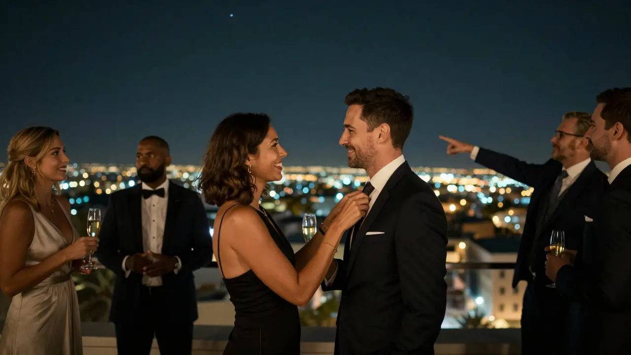 A rooftop gala in Abu Dhabi where professionals are accompanied by graceful companions blending into the sophisticated night scene.