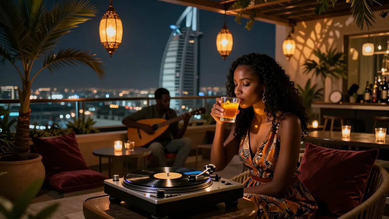 A rooftop garden bar at night with lanterns, potted plants, and a woman sipping a spiced drink while vinyl plays softly.