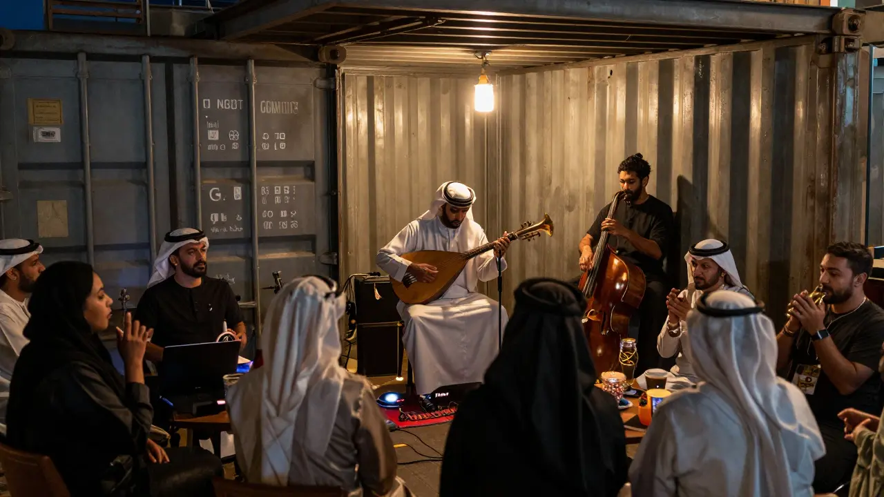 A secret underground music venue with live performers blending oud, jazz, and electronic beats under a single lamp.