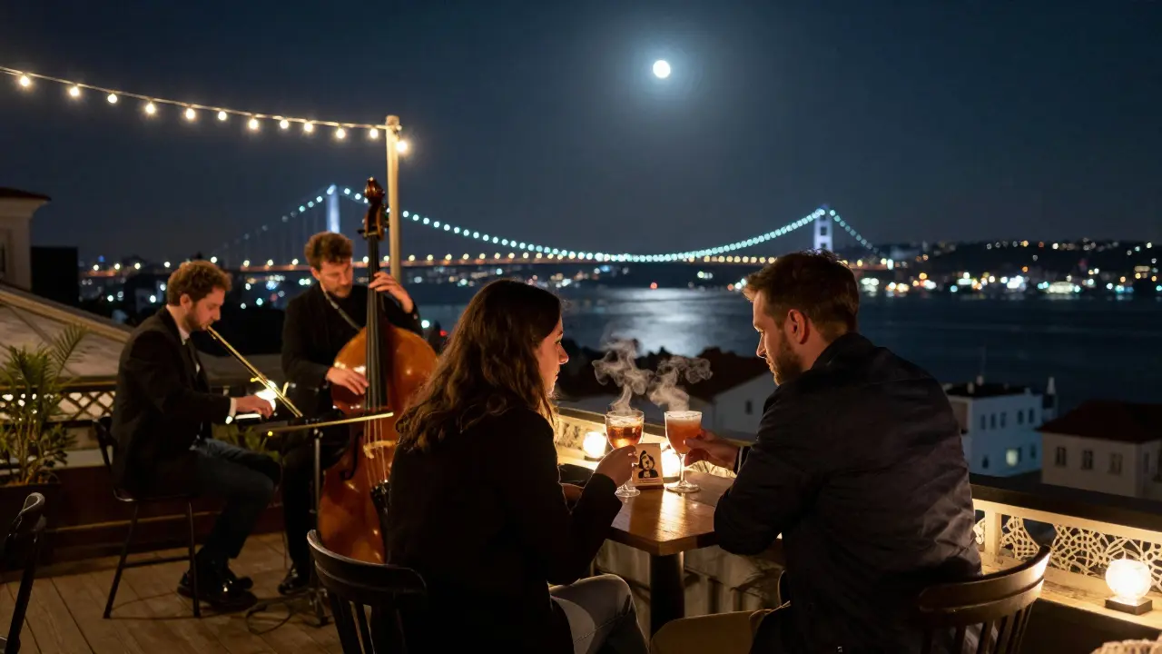 A serene rooftop bar in Karaköy at night, featuring a jazz trio and a view of the lit Bosphorus Bridge under moonlight.