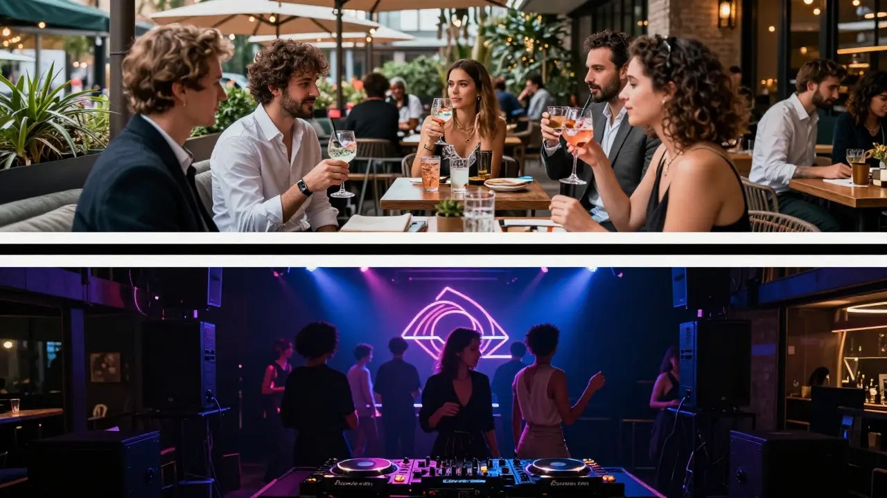 A sleek Milan venue transitioning from a stylish terrace lounge to a vibrant nightclub with glowing dance floor.