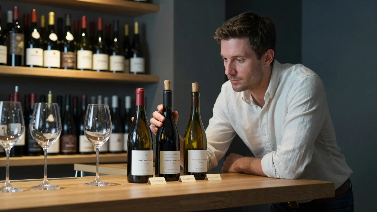 A sommelier presenting three wine bottles to a guest with labeled cards and shelves of international wines.