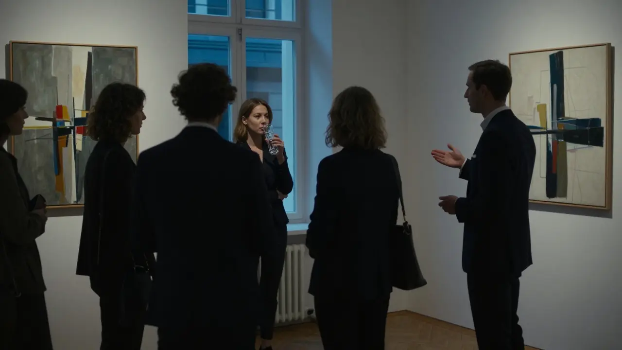 A sophisticated woman stands apart at a private art gallery opening, while a concierge gestures toward her in the shadows.