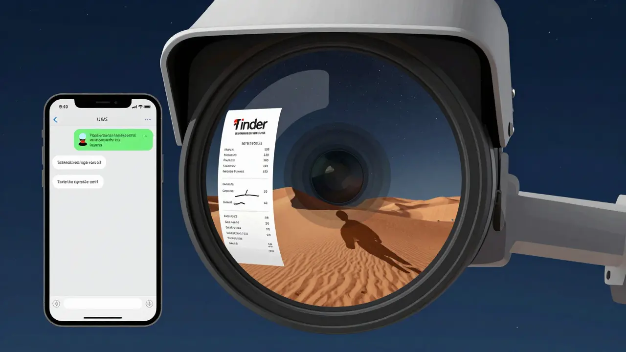 A surveillance camera reflects a flagged dating app message, a hotel receipt, and a shadowy figure in the desert under a starry UAE night sky.