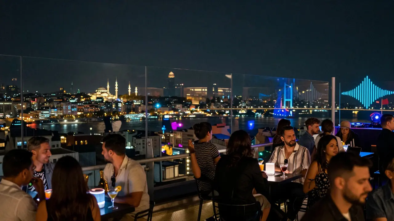 A vibrant rooftop bar in Istanbul with a panoramic view of the city skyline, Bosphorus Bridge, and minarets glowing at night, people enjoying cocktails.