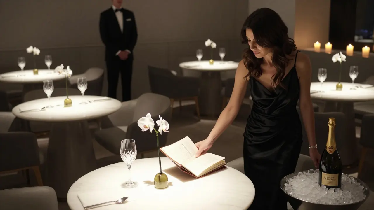 A VIP table at Blue Bay with orchid, crystal glass, and a leather-bound book for custom drink requests.