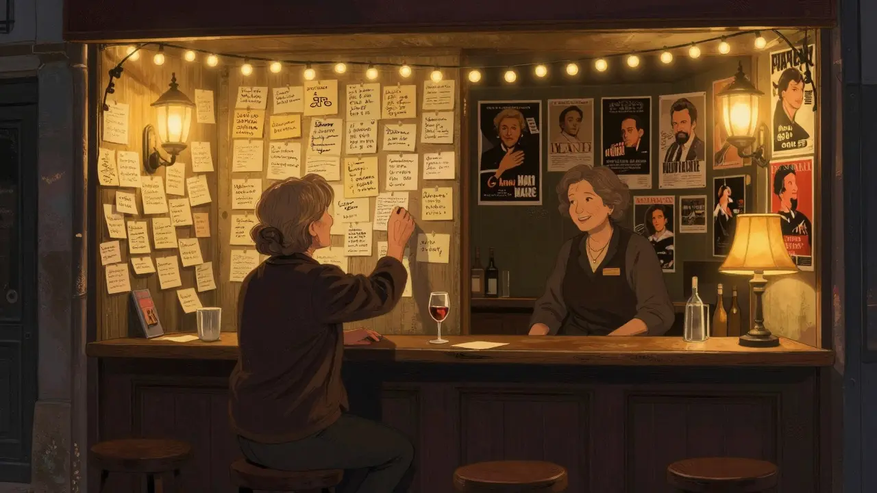 A wall covered in sticky note song requests at Bar des Arts, with the bar owner watching warmly from behind the counter.