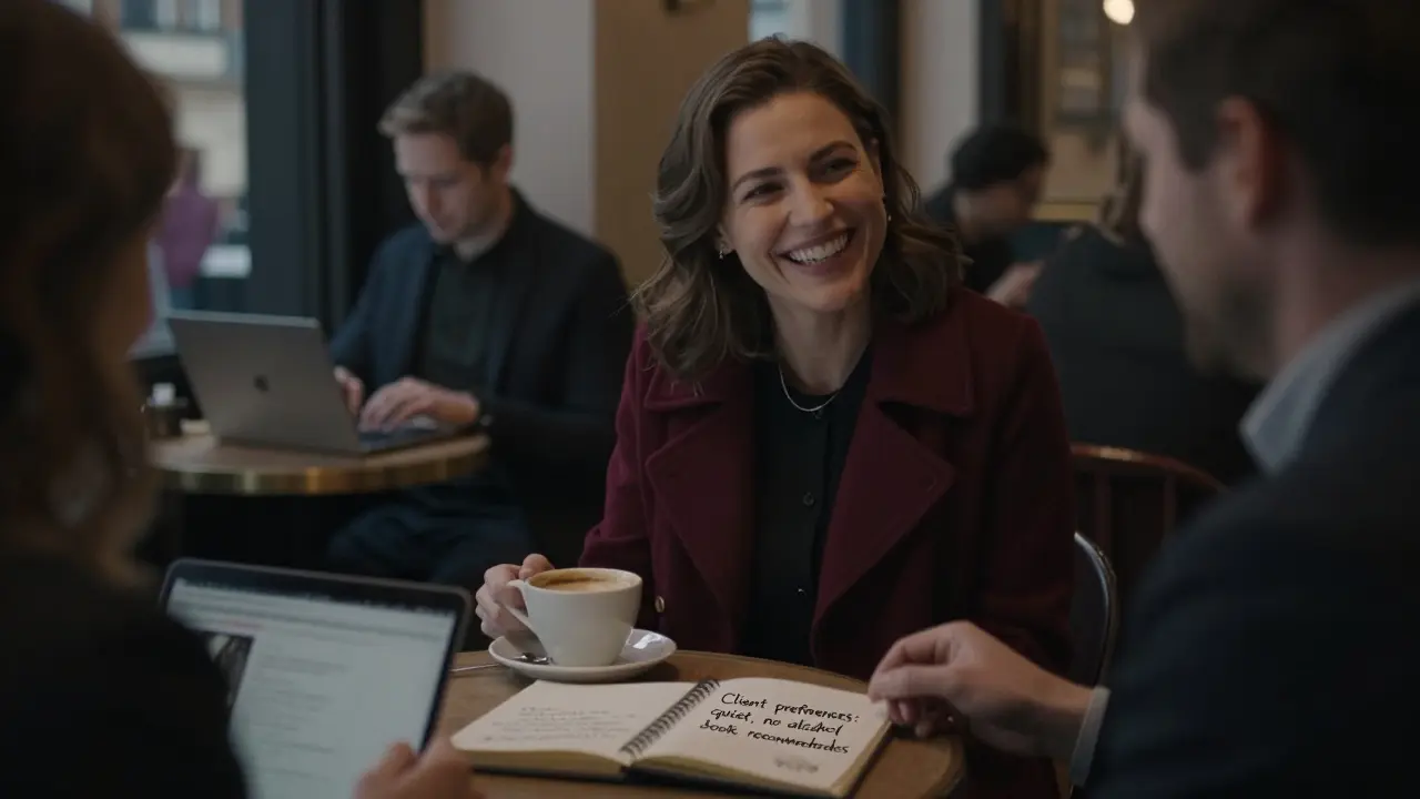 A woman and client sharing coffee in a London café, engaged in respectful conversation with no romantic cues.