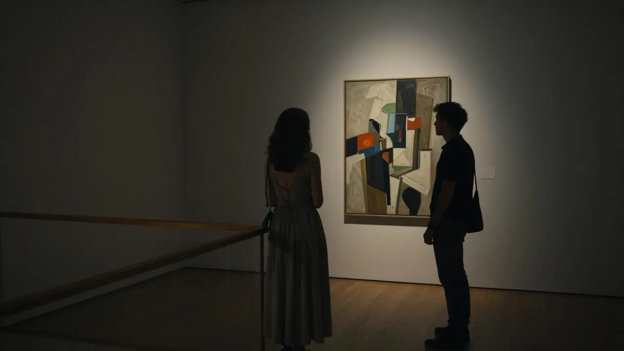 A woman and companion viewing art in an empty gallery, softly lit by a single spotlight at night.