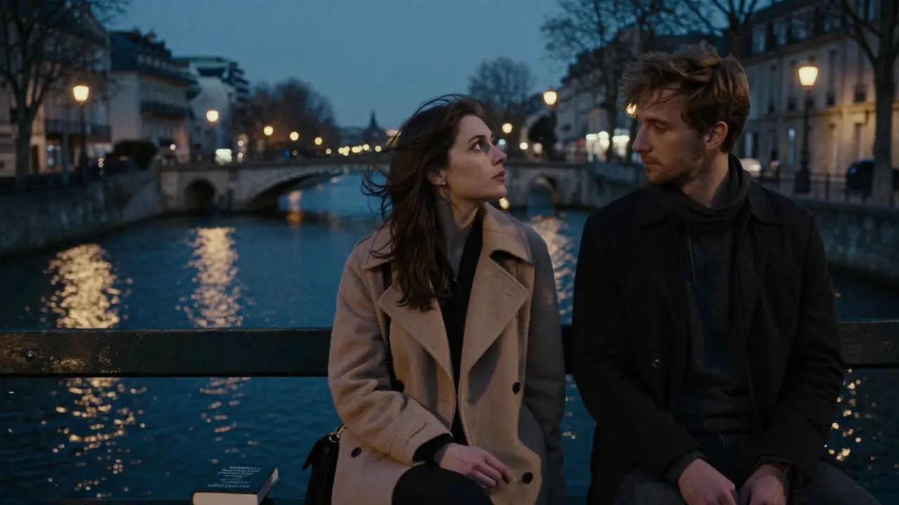 A woman and man walk quietly along the Canal Saint-Martin at night, the city's lanterns reflecting on the water.