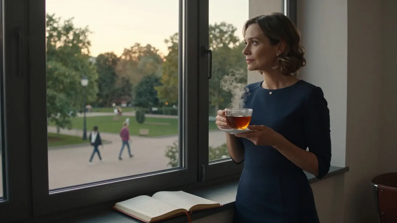 A woman gazes out over Tiergarten park at dusk, holding tea in a modern Berlin apartment, serene and thoughtful.