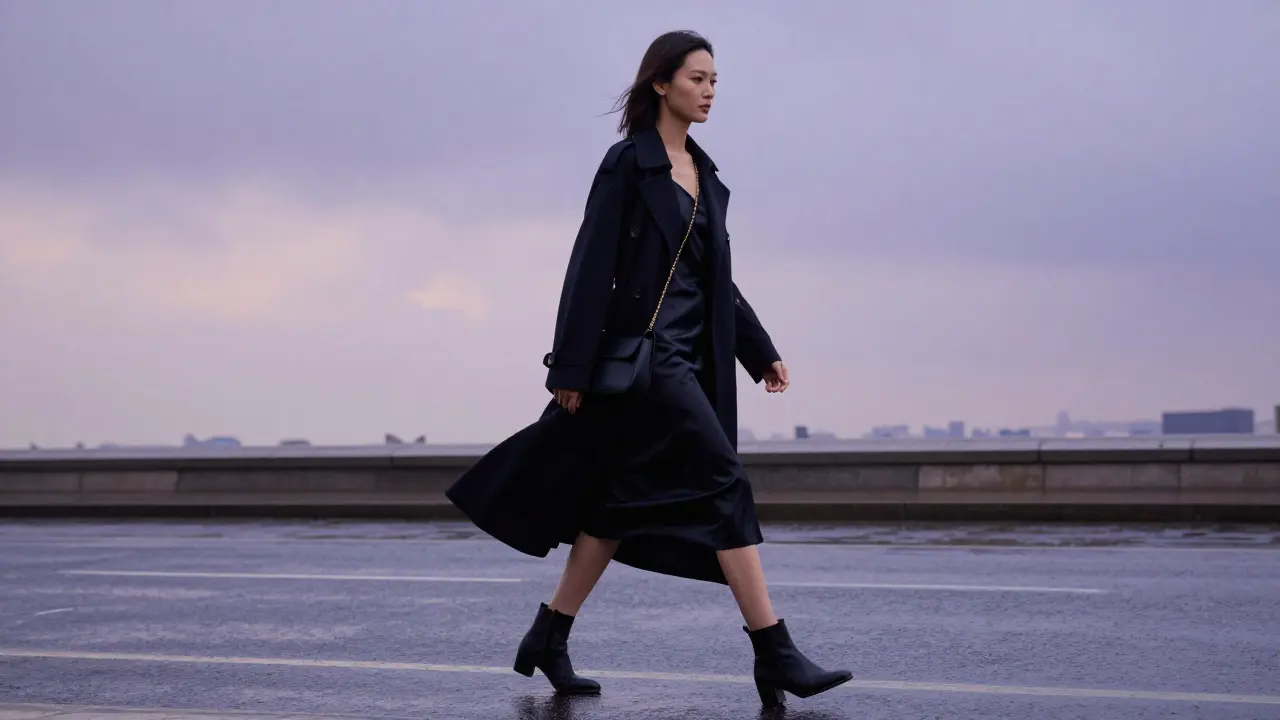 A woman in a black silk dress and wool trench coat walks calmly down a rainy London street at dusk.