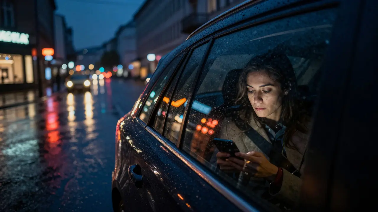 A woman in a taxi at night in Berlin, rain on the window, city lights reflecting as she checks her phone.