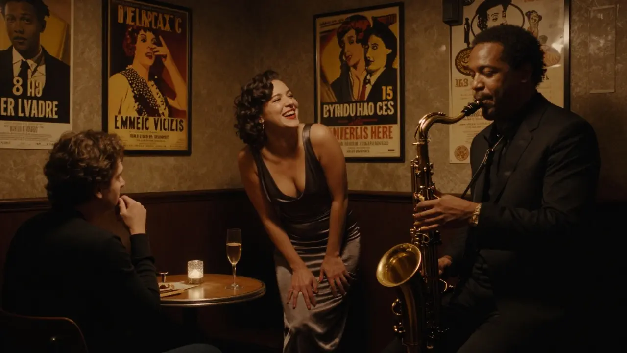 A woman laughing at a jazz club in Montmartre, saxophonist playing under soft lighting.