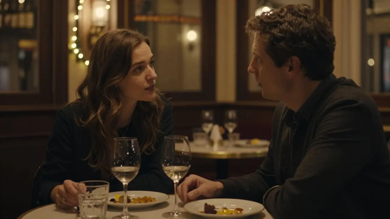 A woman listens intently in a dim Parisian bistro, her presence calm and absorbing in the warm glow of lantern light.