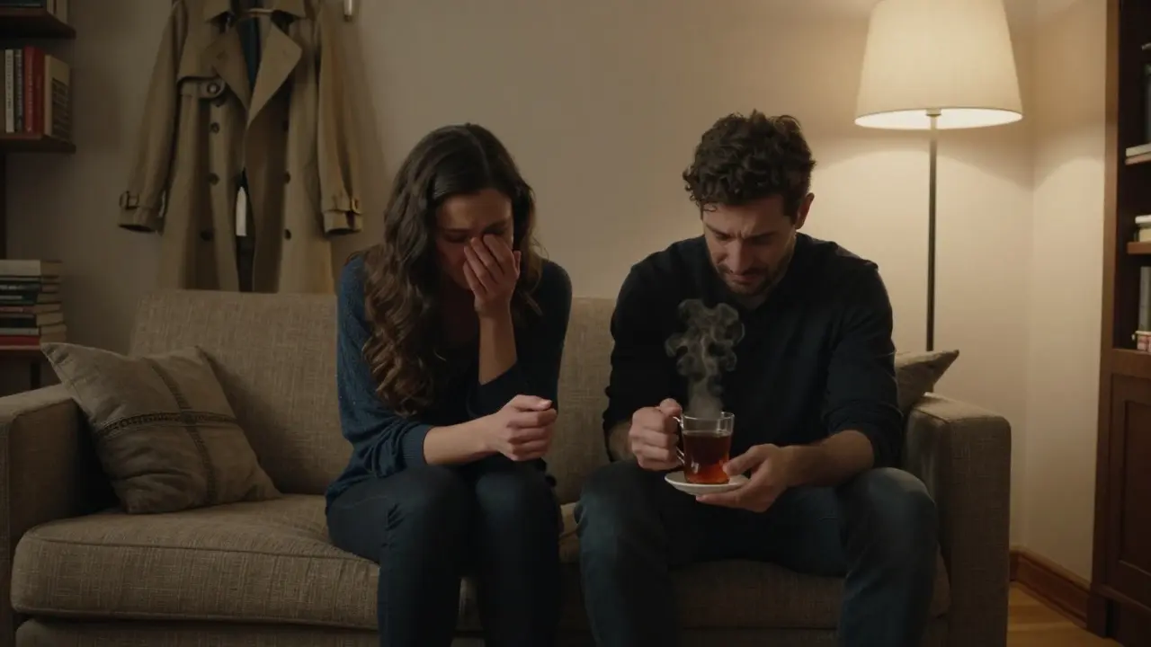 A woman sits beside a crying man in a cozy room, offering quiet comfort with tea—no words, only compassion.
