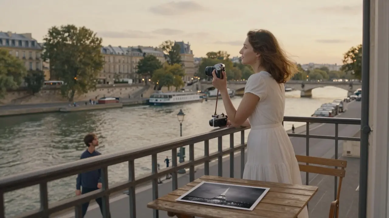 A woman stands on a Parisian balcony at sunset, holding a photo of the Eiffel Tower, while a man walks below along the Seine, golden light bathing the scene.