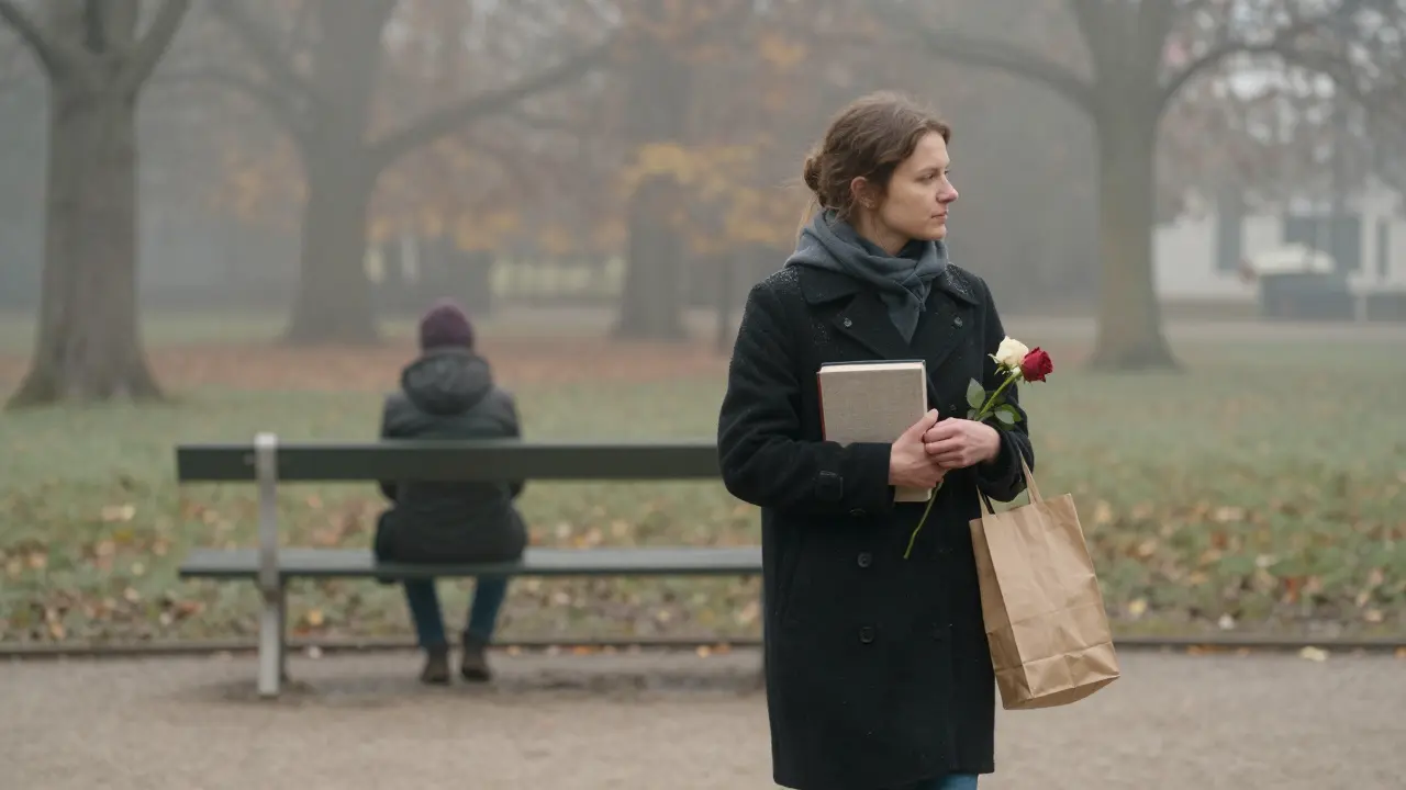 A woman walks alone through a misty Berlin park, holding a book and a rose, as a distant figure observes from afar.