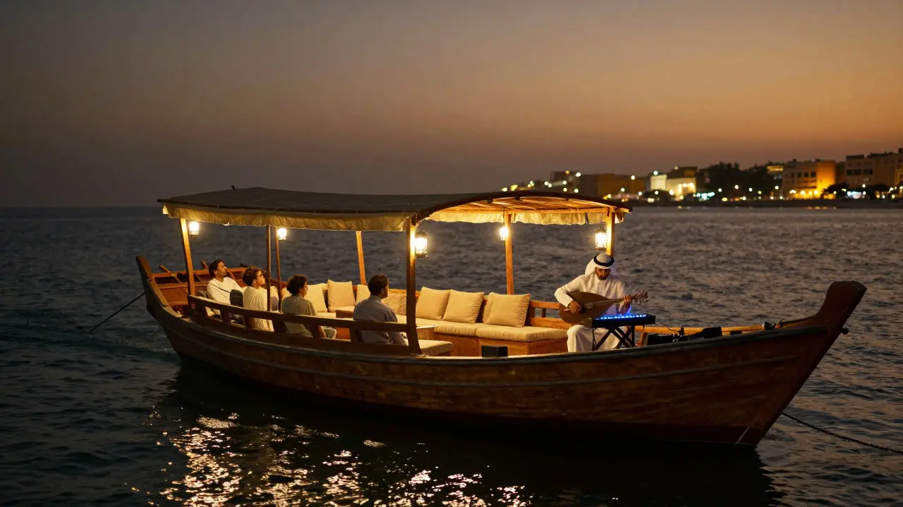 A wooden dhow boat floats at night along Abu Dhabi's waterfront, lit by lanterns as guests enjoy live music.
