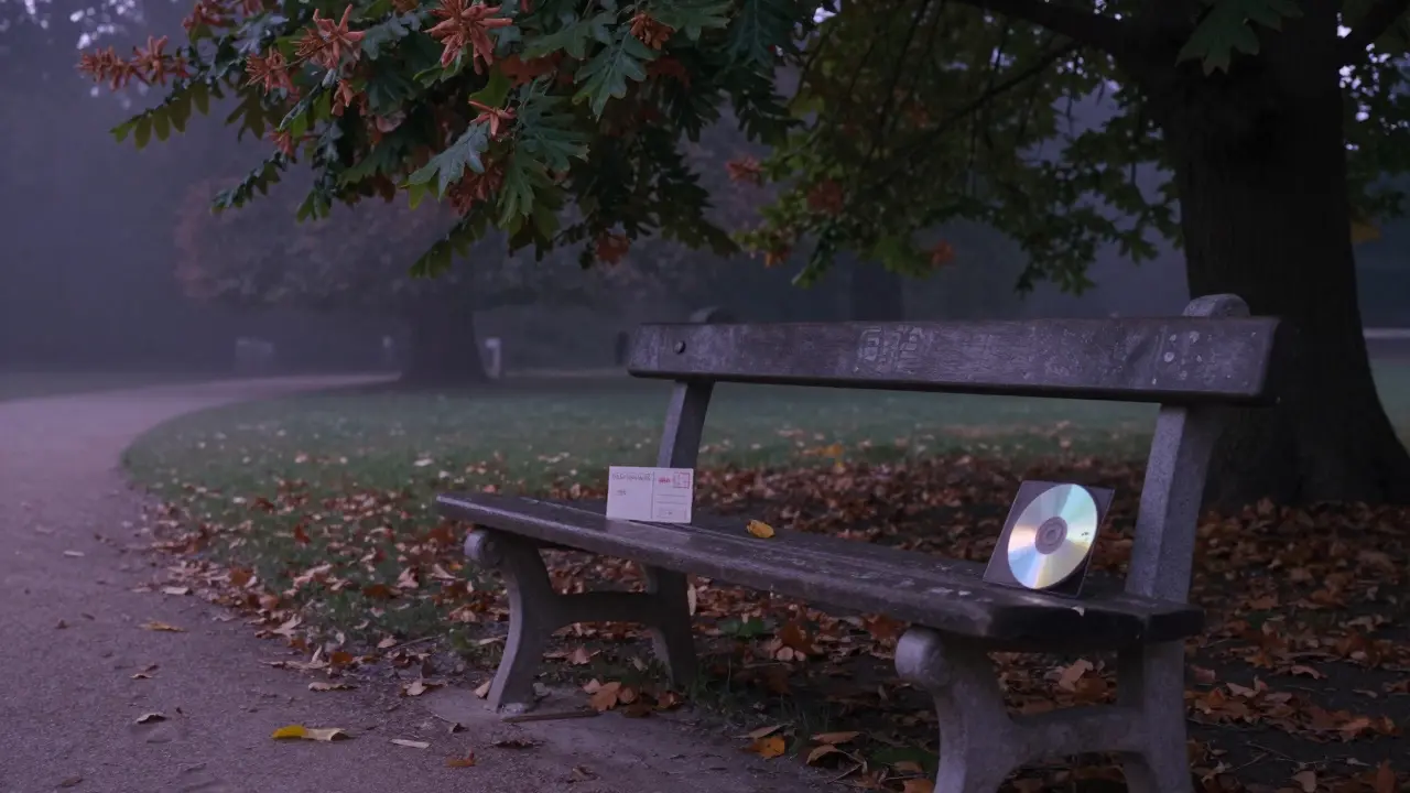An empty bench in Luxembourg Gardens with a postcard and vintage DVD left behind at dusk.