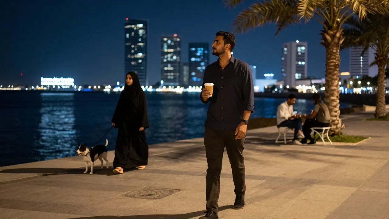 An expat walking along the Corniche at night, surrounded by peaceful urban scenes and cultural signs.