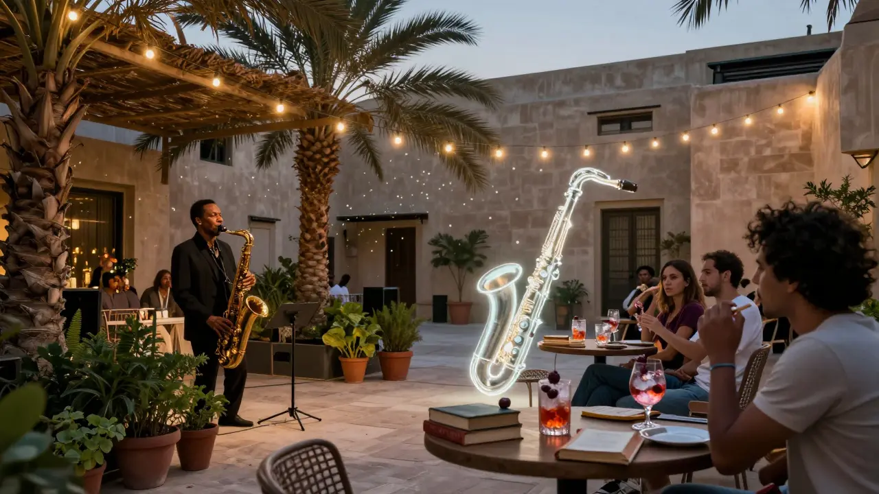 An open-air courtyard with string lights and a saxophonist playing under the stars, patrons enjoying artisanal cocktails.