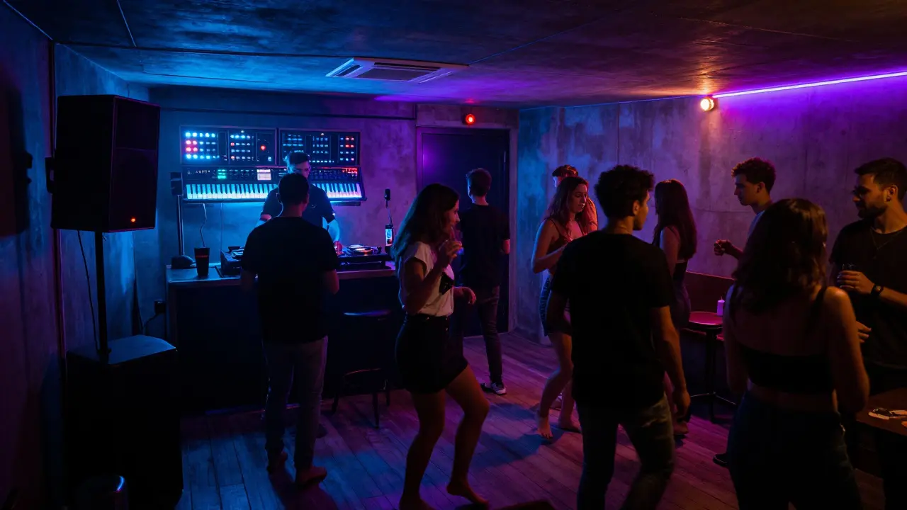 An underground electronic club in Istanbul with neon lights, dancers, and a hidden vibe, illuminated by pulsing blue and violet LEDs.