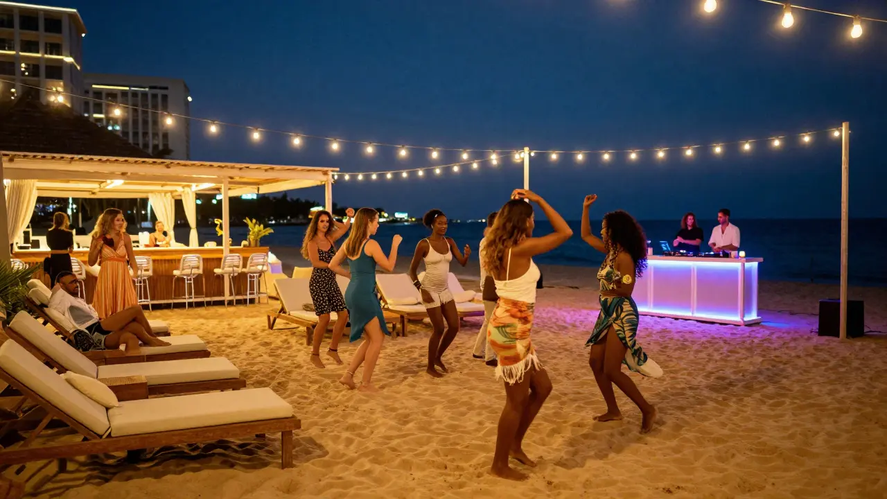 Beachside club at night with sand, string lights, and guests dancing gently to music.