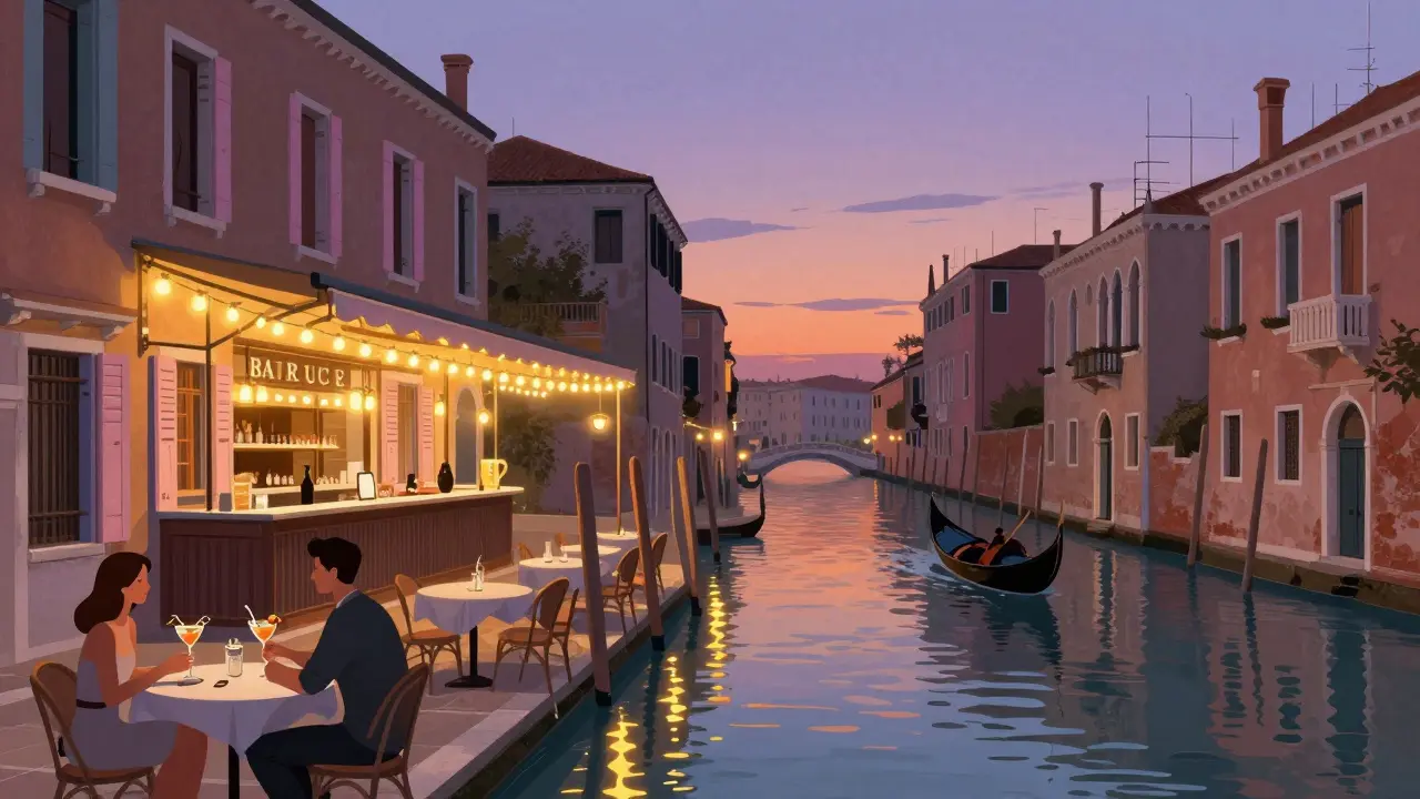 Canal-side bars in Navigli District with string lights reflecting on water and patrons at outdoor tables at dusk.