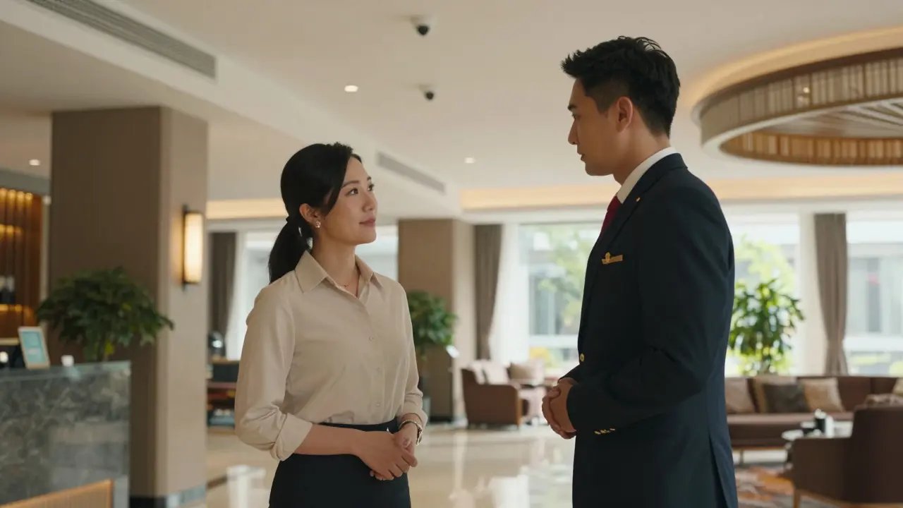 Client and escort meeting in public hotel lobby