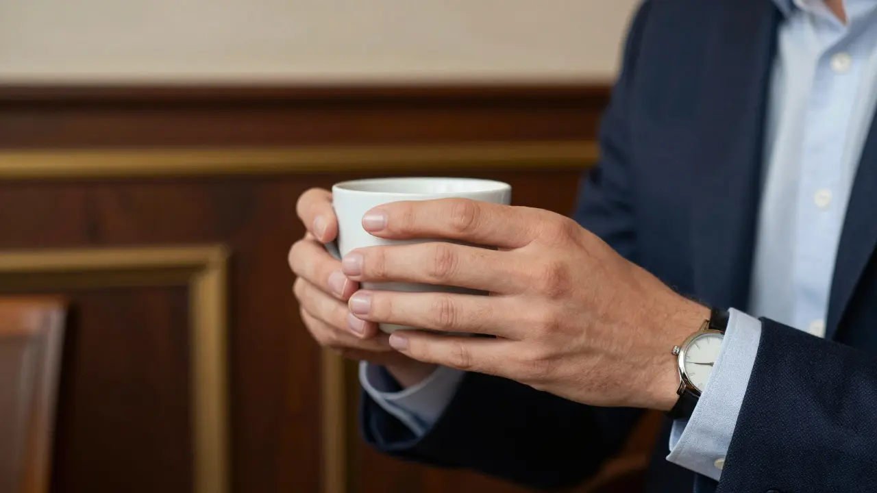 Close-up of a man’s hands holding coffee, wearing a minimalist watch and pressed linen cuff at an upscale London club.