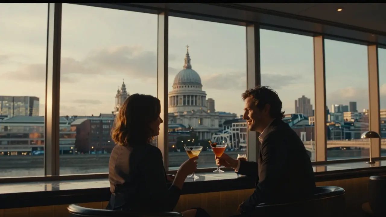 Couple at high-floor bar with Thames and St. Paul's views during sunset.