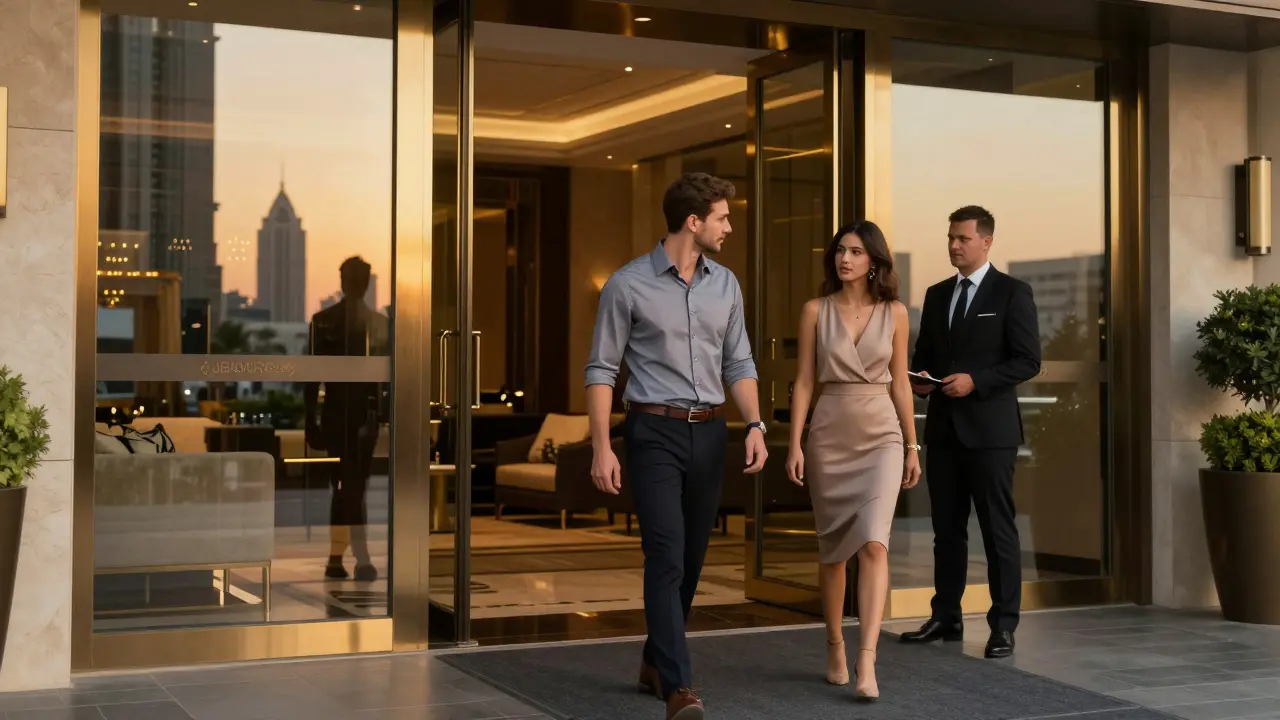 Elegant guests in smart casual attire at lounge entrance.