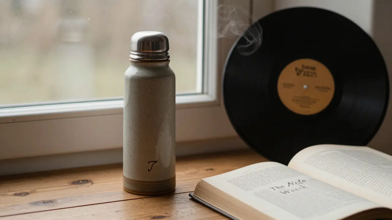 Handmade ceramic thermos with steam rising beside a London novel and vintage vinyl record.