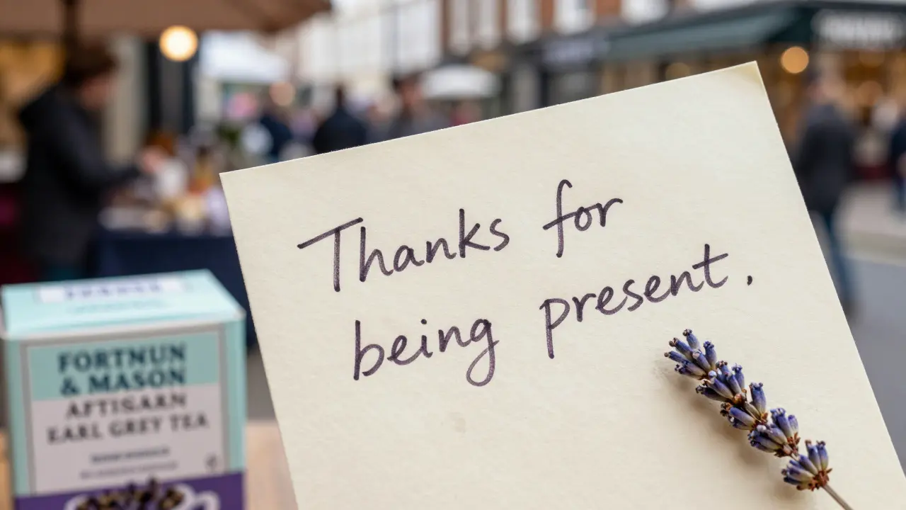 Handwritten note resting on artisan tea box with dried lavender sprig.