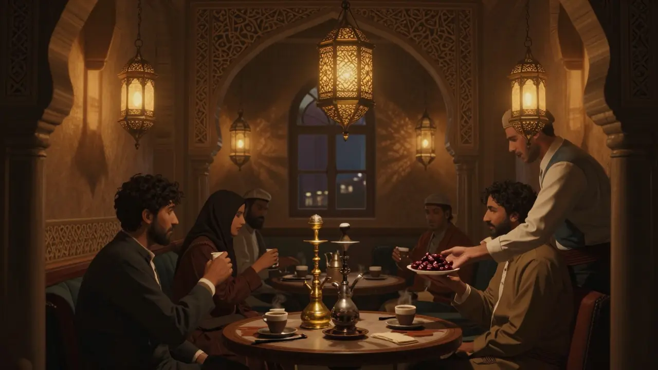 Intimate Middle Eastern lounge with lanterns, shisha, and Arabic coffee in warm dim lighting.
