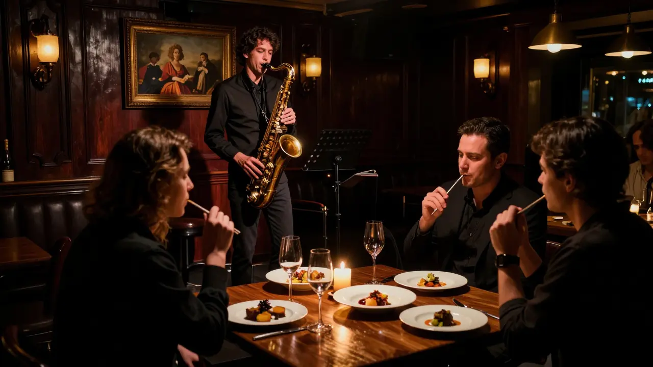 Jazz club with live music and tasting menu.