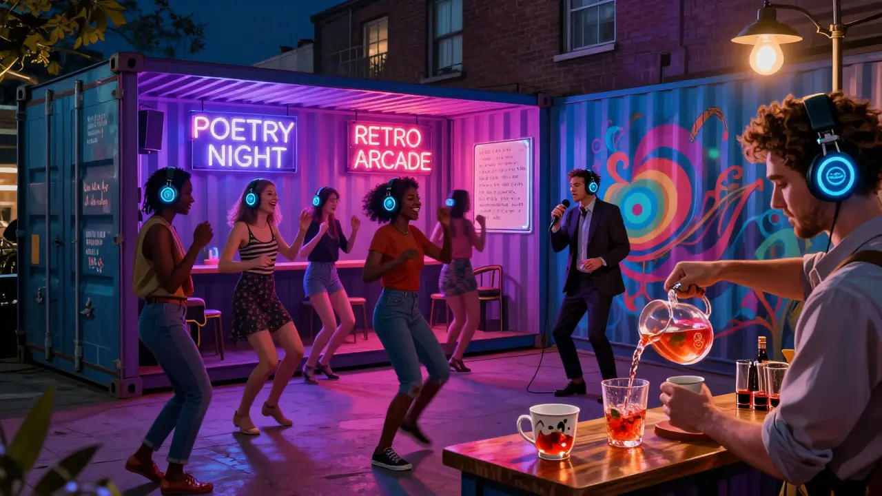 People dance in silent disco headphones inside a neon-lit shipping container bar.