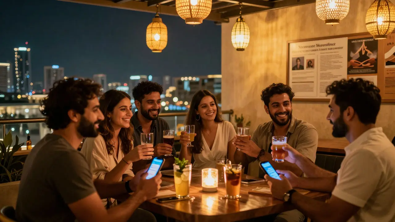 People socialize at a vibrant Dubai rooftop bar, laughing and enjoying the city lights without any financial transaction.