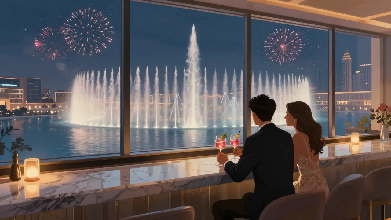 Romantic couple at Sky View Bar sipping cocktails while the Dubai Fountain dances below through floor-to-ceiling windows.