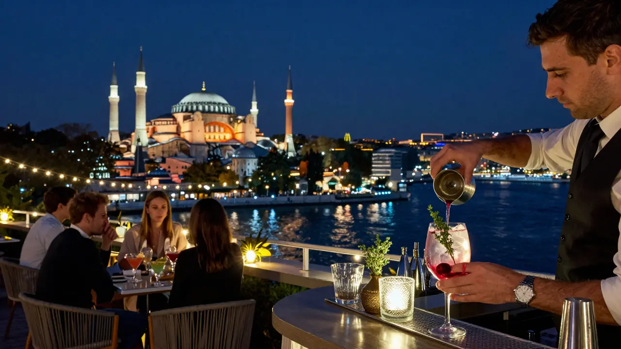 Rooftop bar Mikla at midnight with Istanbul's skyline glowing behind cocktail patrons.