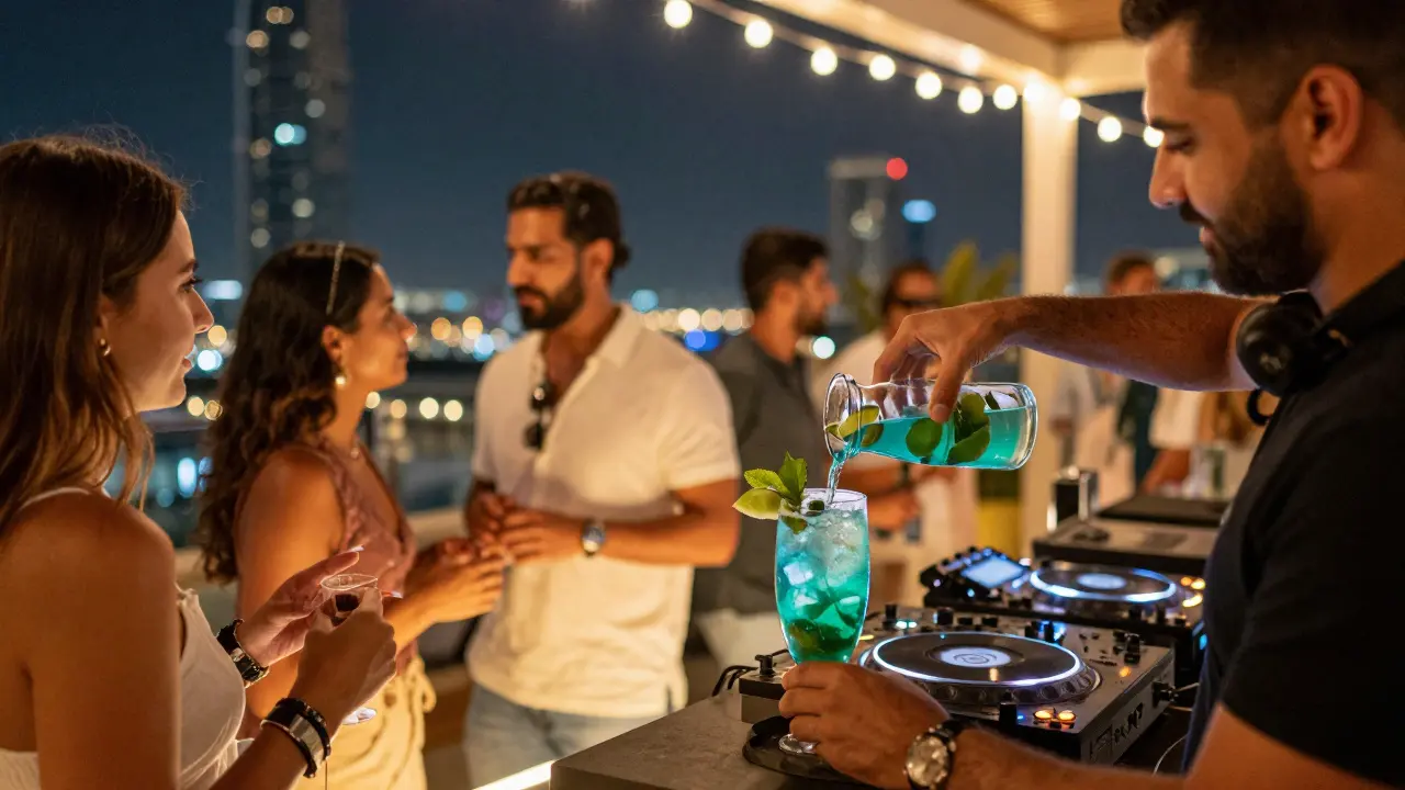Rooftop bar scene with mojito and city lights.